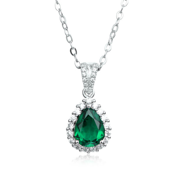 Halo Pear Lab-Created Emerald Sterling Silver Necklace