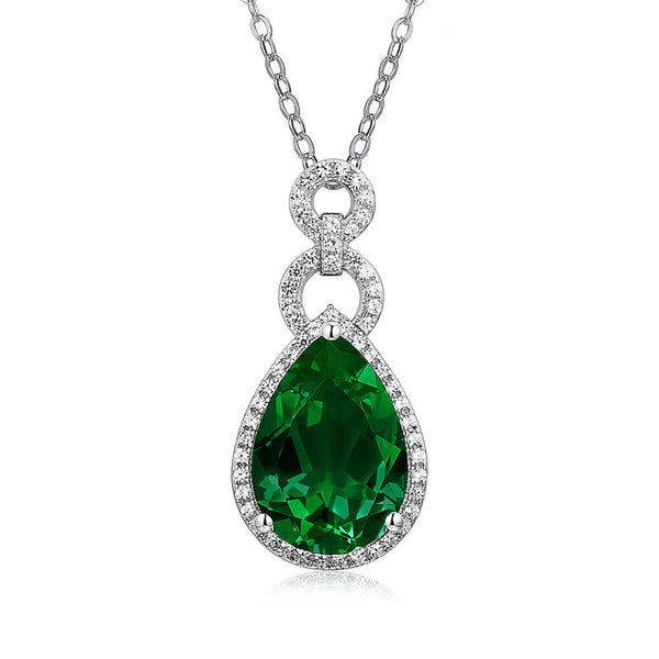 Halo Pear Lab-Created Emerald Sterling Silver Necklace