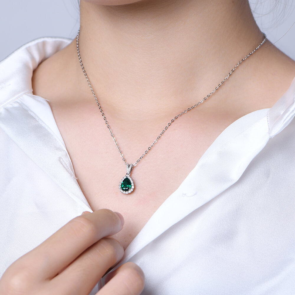Halo Pear Lab-Created Emerald Sterling Silver Necklace - ReadYourHeart