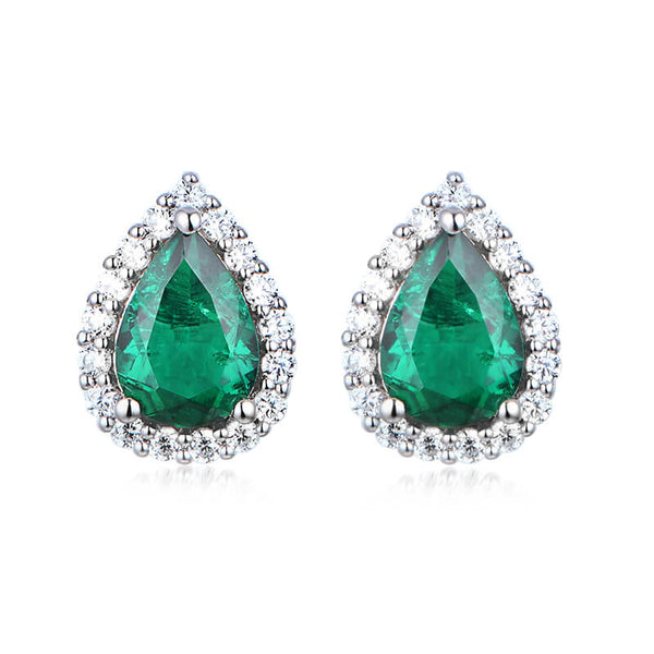 Halo Pear Lab-Created Emerald Sterling Silver Stud Earrings