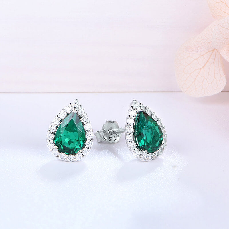 Halo Pear Lab-Created Emerald Sterling Silver Stud Earrings - ReadYourHeart