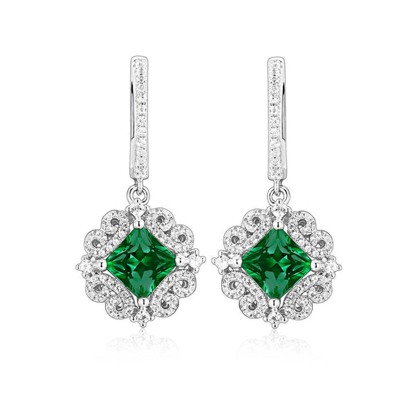 Halo Princess-Cut Lab-Created Emerald Sterling Silver Drop Earrings