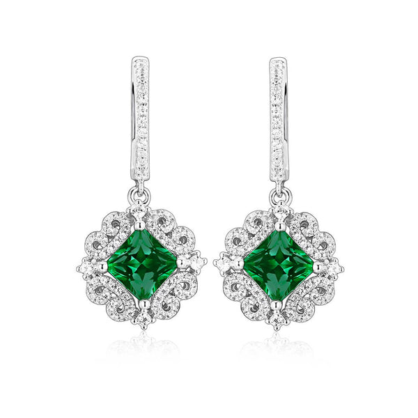 Halo Princess-Cut Lab-Created Emerald Sterling Silver Drop Earrings - ReadYourHeart