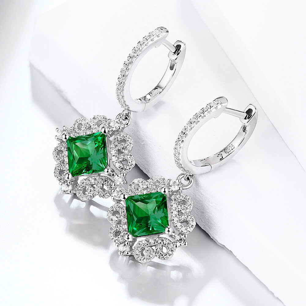 Halo Princess-Cut Lab-Created Emerald Sterling Silver Drop Earrings - ReadYourHeart