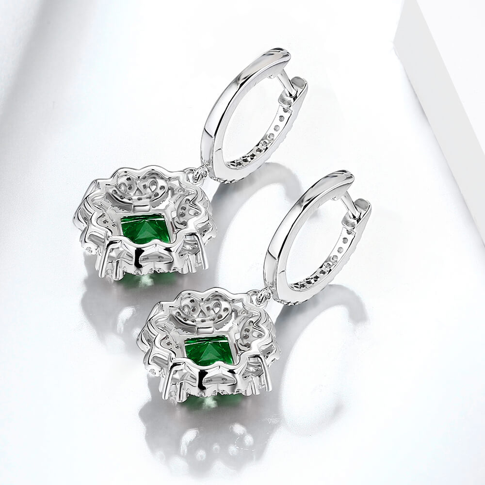 Halo Princess-Cut Lab-Created Emerald Sterling Silver Drop Earrings - ReadYourHeart