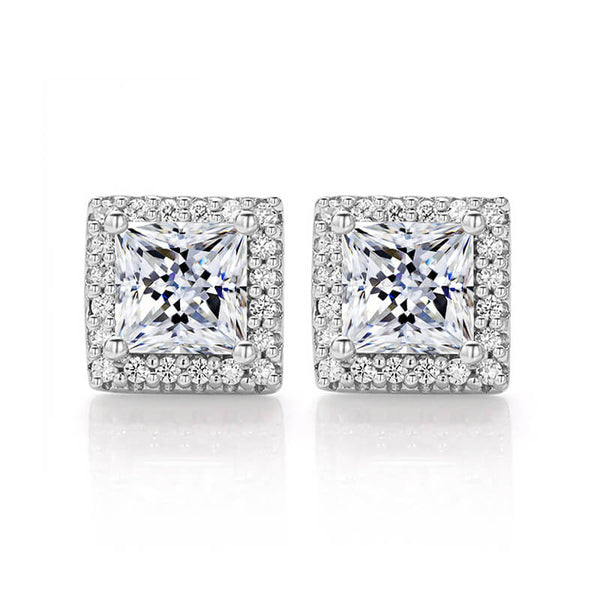 Halo Princess Cut Moissanite Stud Earrings In Sterling Silver - ReadYourHeart