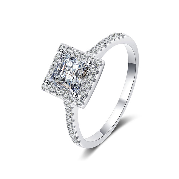 Halo Princess Moissanite Pave Sterling Silver Engagement Ring