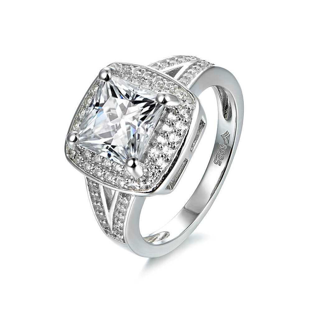 Halo Princess Moissanite Split Shank Pave Engagement Ring - ReadYourHeart