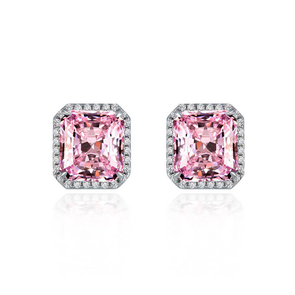 Halo Radiant-Cut Lab-Sapphire Sterling Silver Stud Earrings - ReadYourHeart