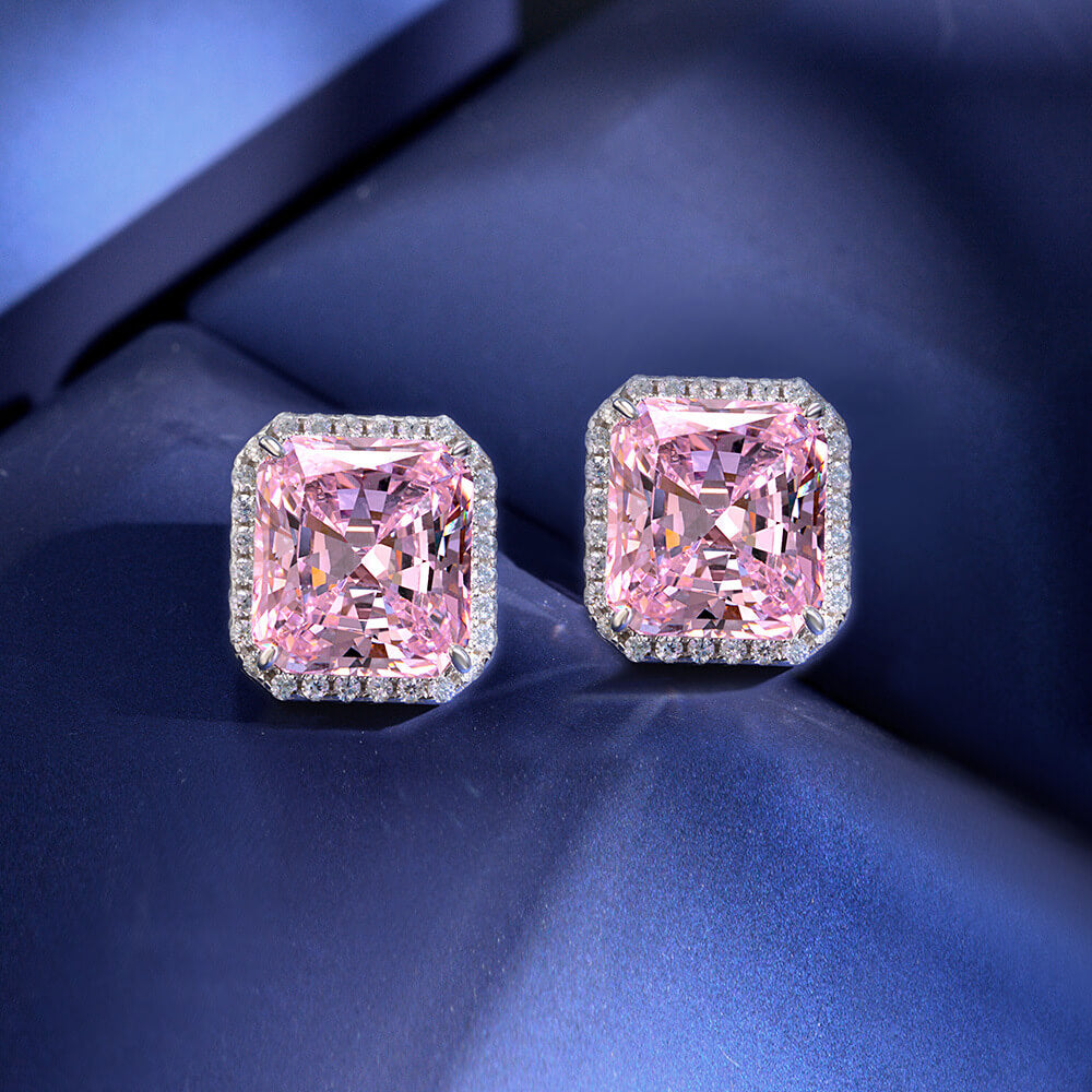 Halo Radiant-Cut Lab-Sapphire Sterling Silver Stud Earrings - ReadYourHeart