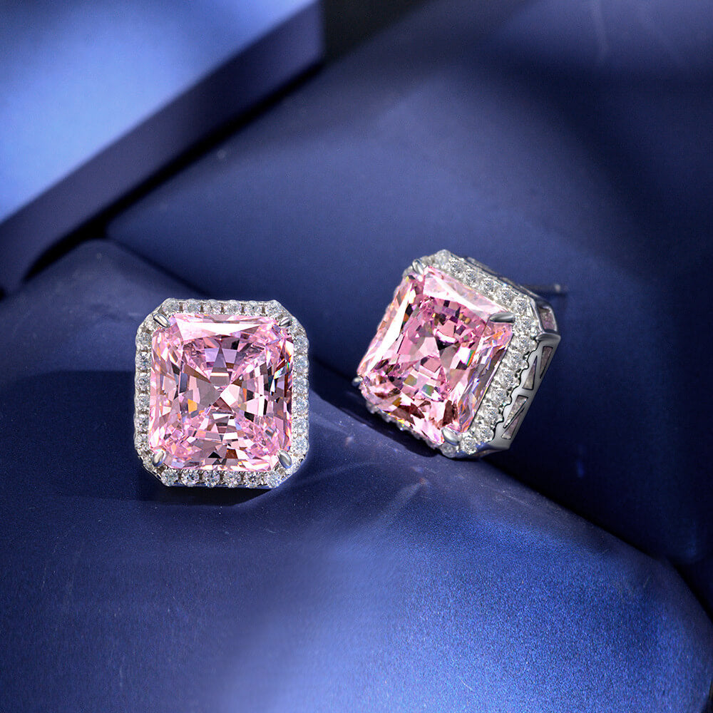 Halo Radiant-Cut Lab-Sapphire Sterling Silver Stud Earrings - ReadYourHeart