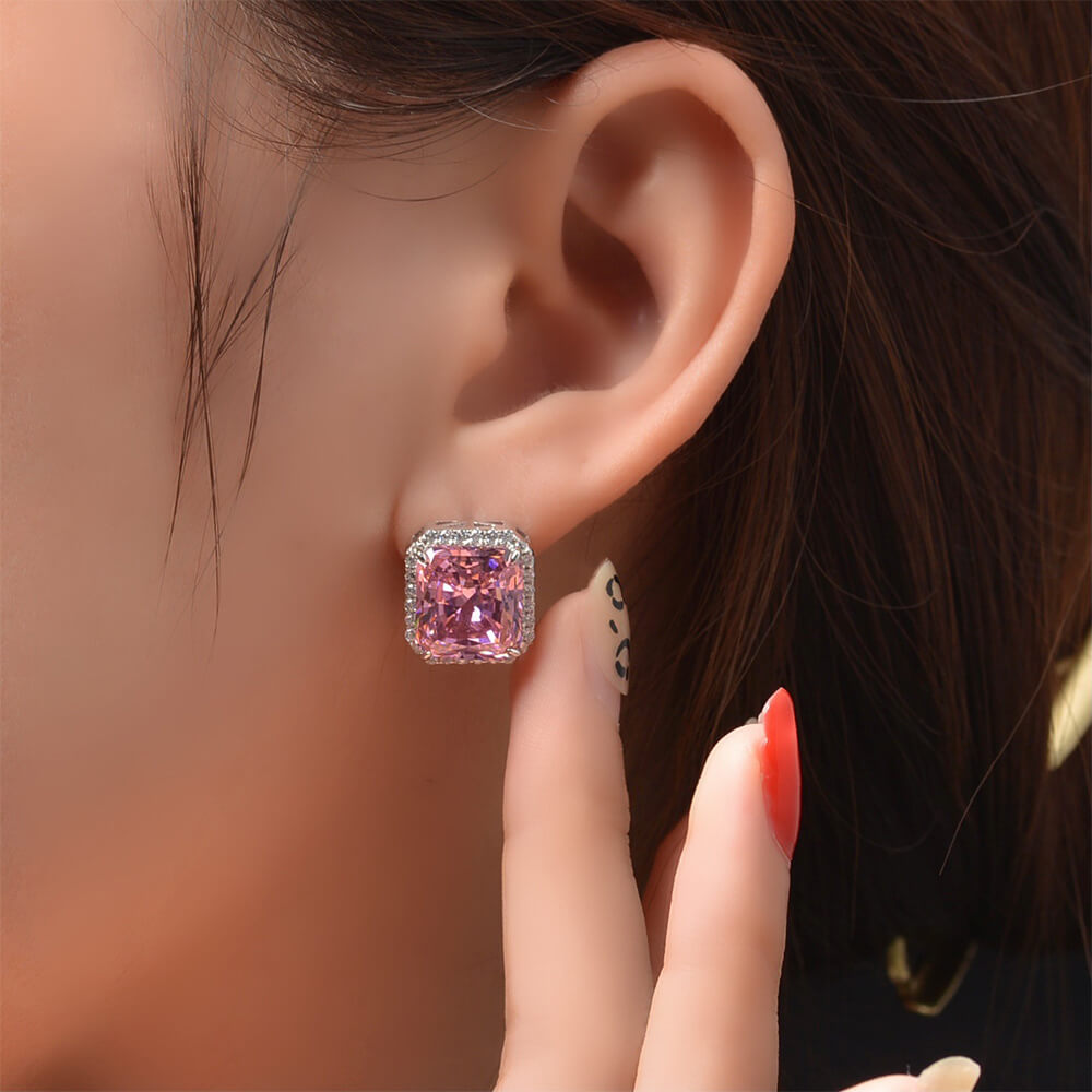 Halo Radiant-Cut Lab-Sapphire Sterling Silver Stud Earrings - ReadYourHeart