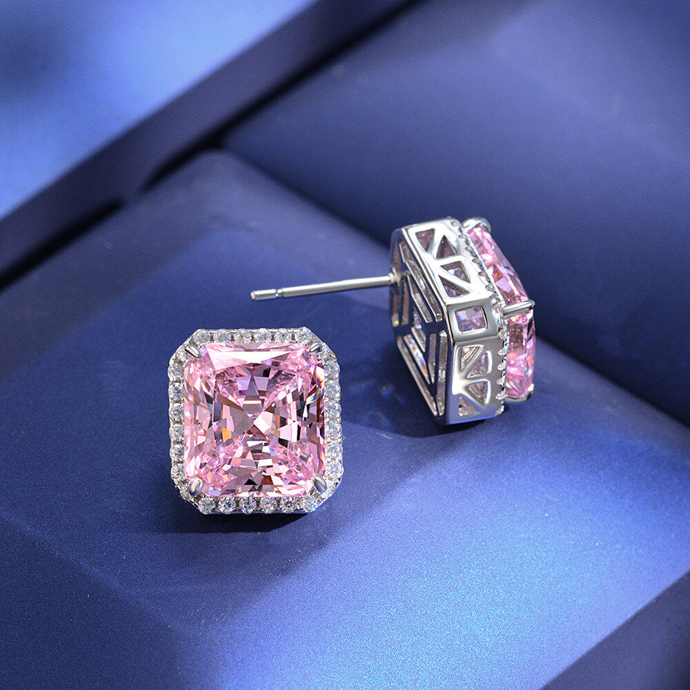 Halo Radiant-Cut Lab-Sapphire Sterling Silver Stud Earrings - ReadYourHeart