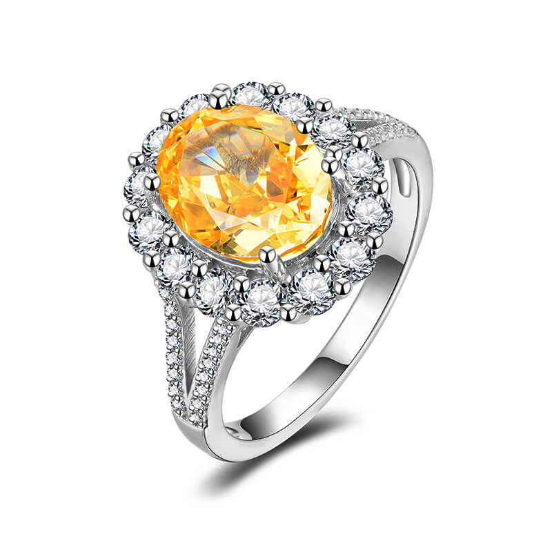 Halo Oval Cut Yellow Sapphire Pave Split Shank Sterling Silver Ring - ReadYourHeart
