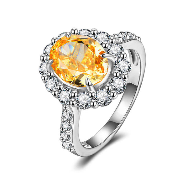 Halo Oval Cut Yellow Sapphire Pave Sterling Silver Ring - ReadYourHeart