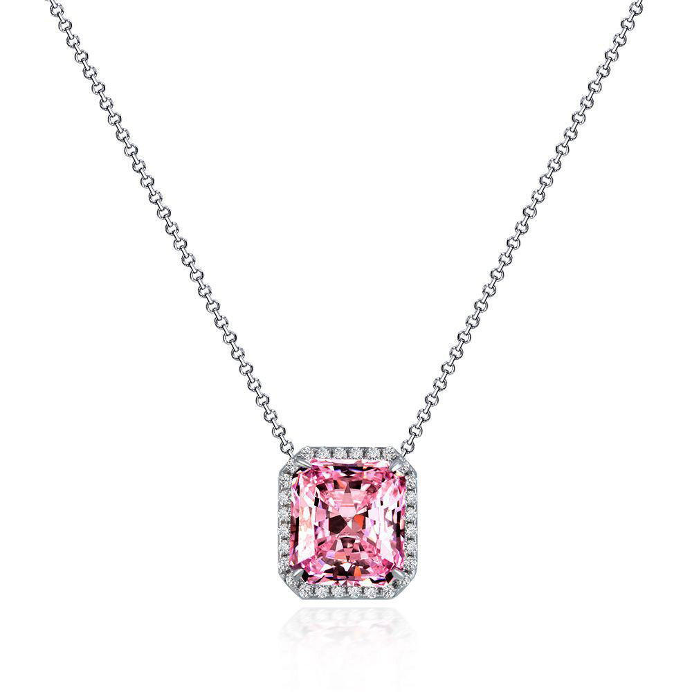 Halo Radiant Pink Lab-Sapphire Sterling Silver Necklace Pendant - ReadYourHeart