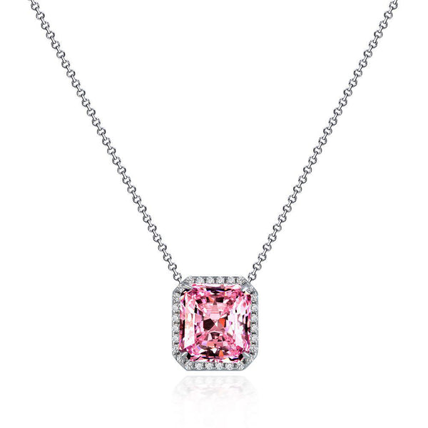 Halo Radiant Pink Lab-Sapphire Sterling Silver Necklace Pendant