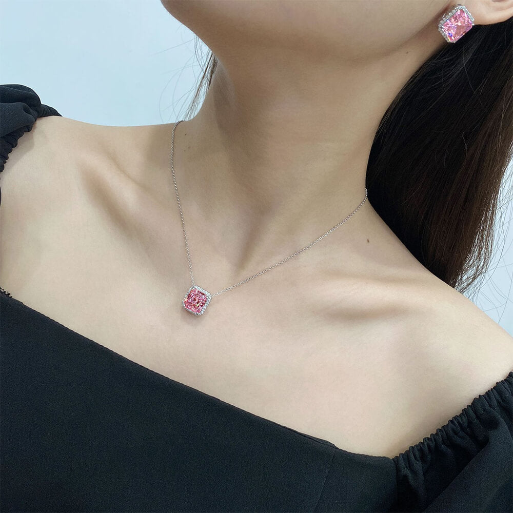 Halo Radiant Pink Lab-Sapphire Sterling Silver Necklace Pendant - ReadYourHeart