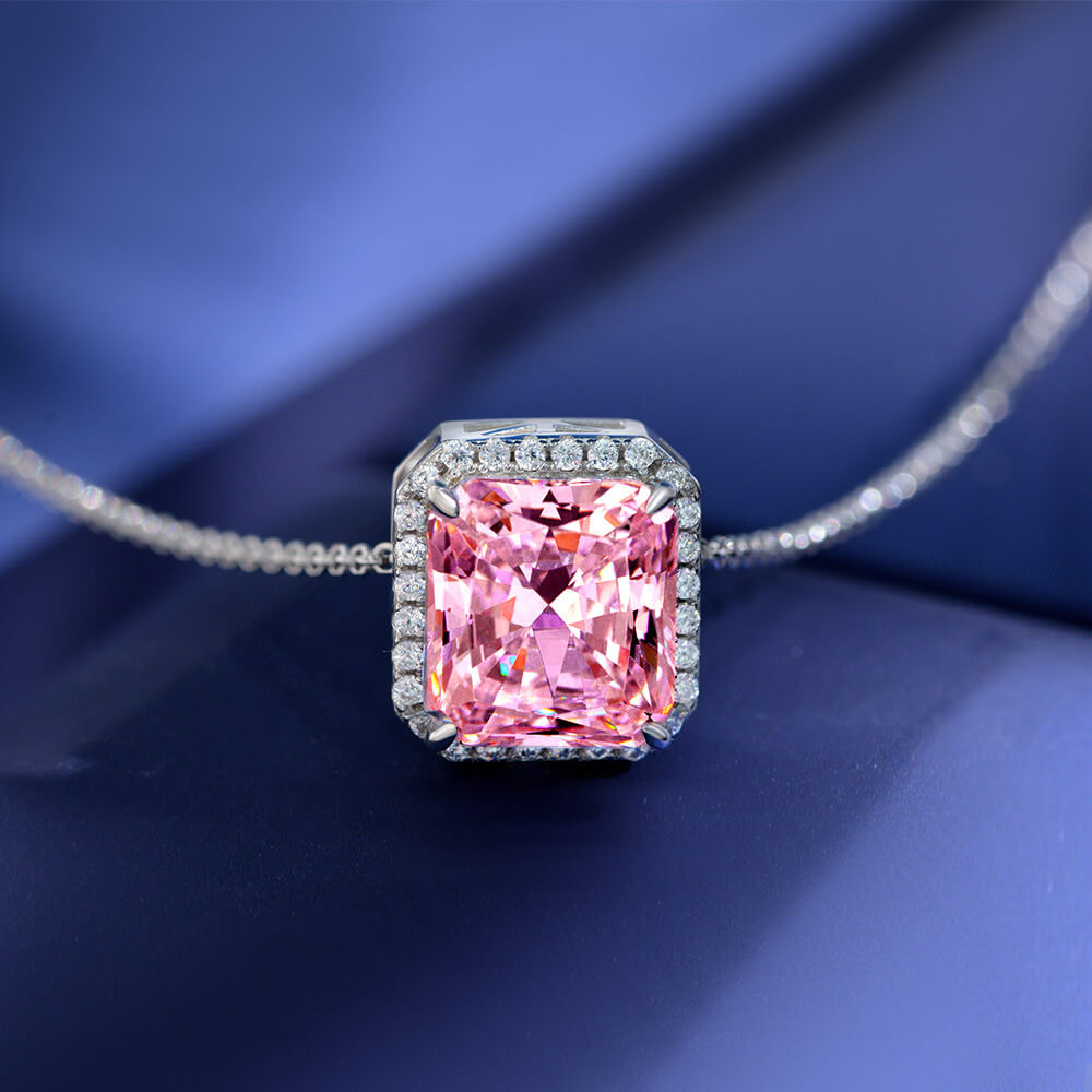 Halo Radiant Pink Lab-Sapphire Sterling Silver Necklace Pendant - ReadYourHeart