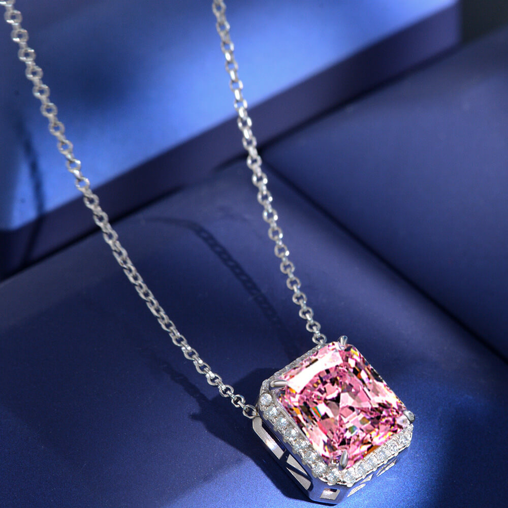 Halo Radiant Pink Lab-Sapphire Sterling Silver Necklace Pendant - ReadYourHeart