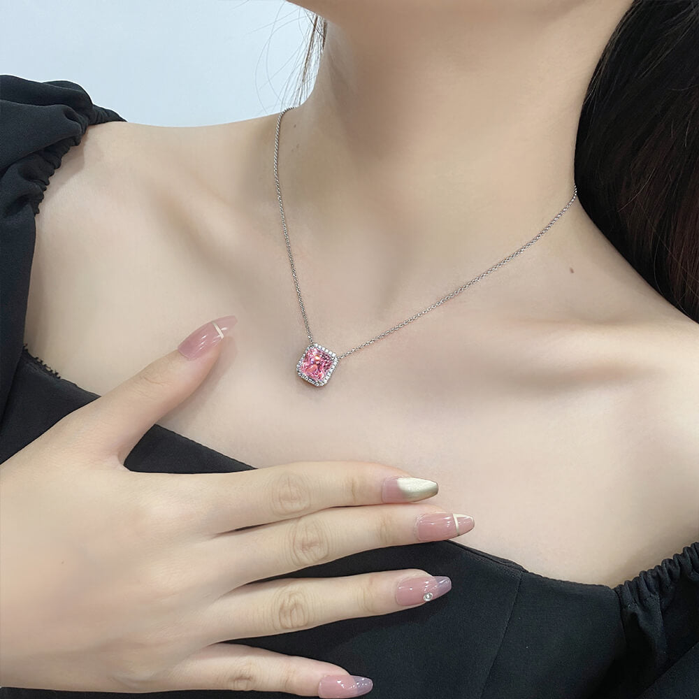 Halo Radiant Pink Lab-Sapphire Sterling Silver Necklace Pendant - ReadYourHeart