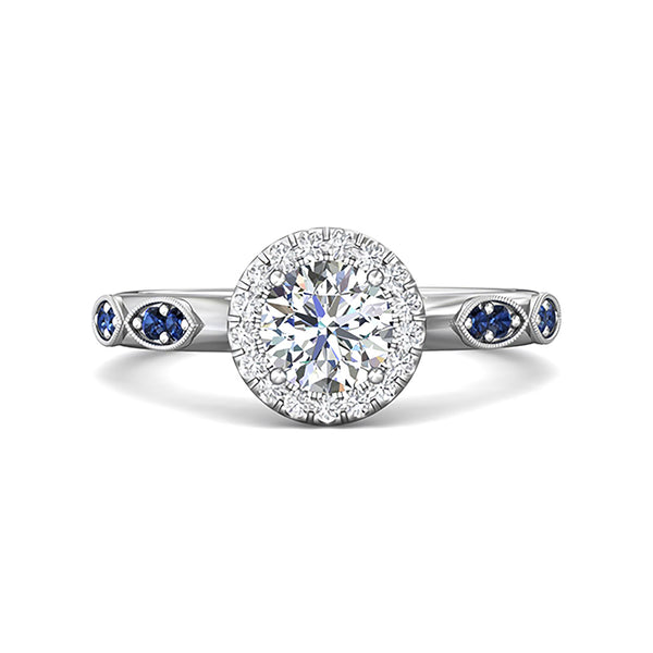 Halo Round Moissanite And Blue Sapphire Accents Engagement Ring - ReadYourHeart