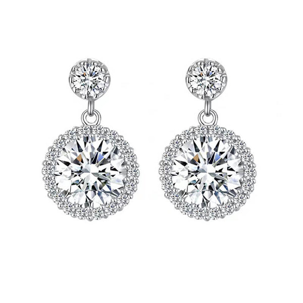 Halo Round Moissanite Drop Earrings In Sterling Silver