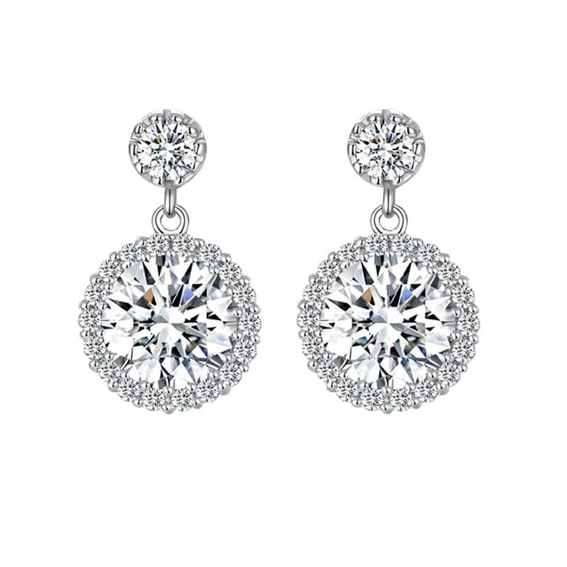 Halo Round Moissanite Drop Earrings In Sterling Silver - ReadYourHeart