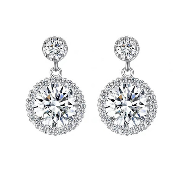 Halo Round Moissanite Drop Earrings In Sterling Silver - ReadYourHeart