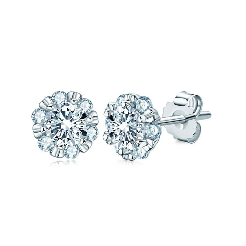 Halo Round Moissanite Flower Stud Earrings In Sterling Silver - ReadYourHeart