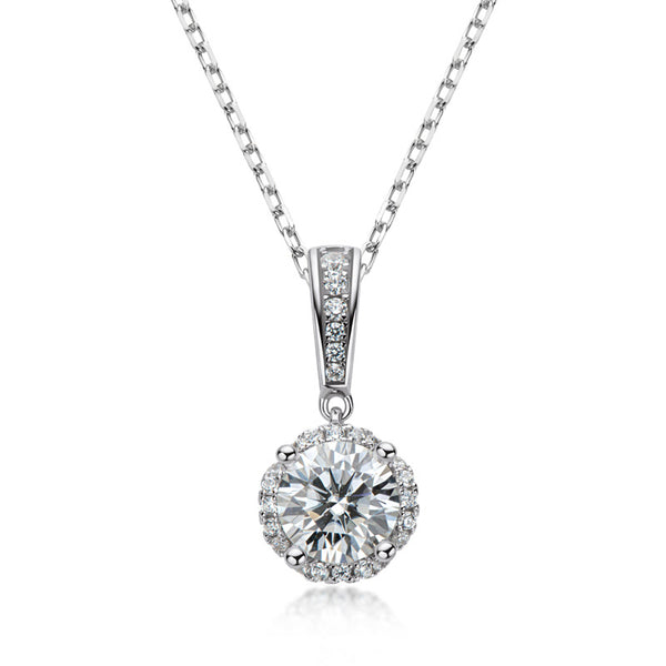 Halo Round Moissanite Sterling Silver Necklace Pendant - ReadYourHeart