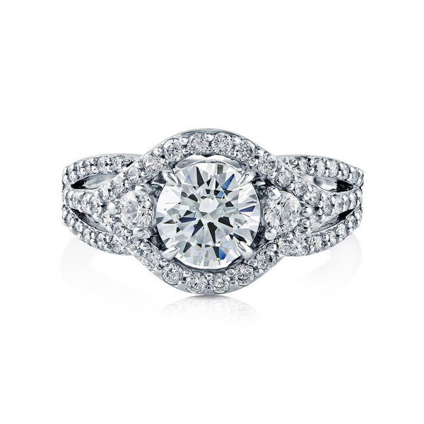 Halo Three Stone Moissanite Triple Pave Engagement Ring - ReadYourHeart