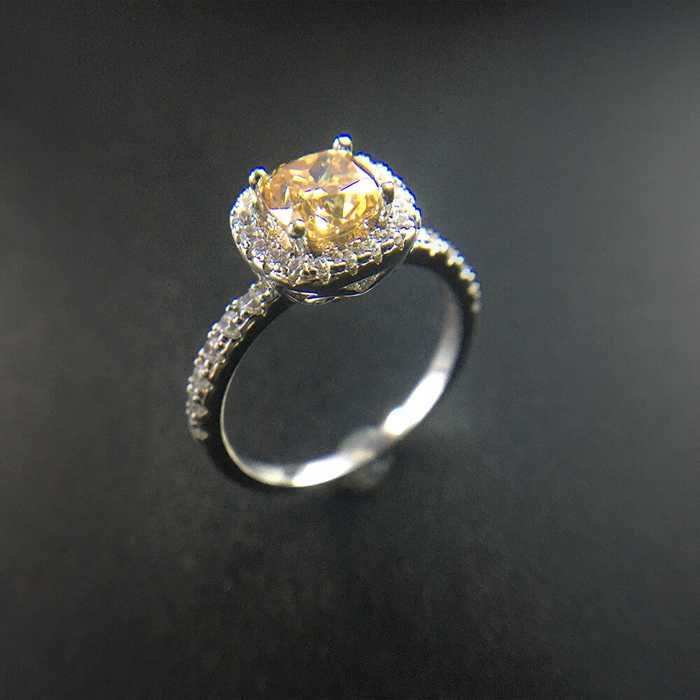 Halo Yellow Cushion Cut Moissanite Pave Sterling Silver Engagement Ring - ReadYourHeart