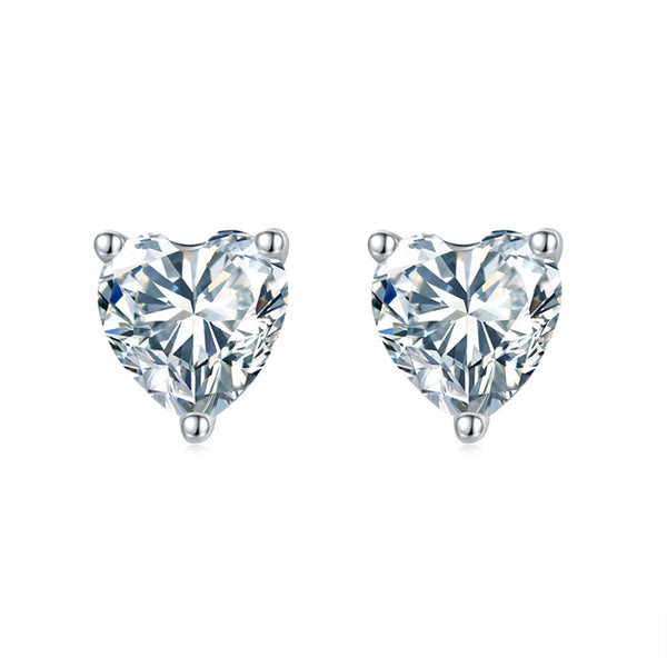 Solitaire Heart Cut Moissanite Three Prong Stud Earrings In Sterling Silver