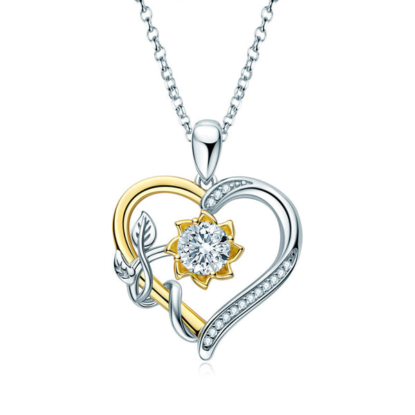 Heart Moissanite Flower Vine Two Tone Necklace in Sterling Silver - ReadYourHeart