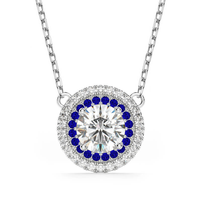 Double Halo Moissanite And Sapphire Necklace in Sterling Silver - ReadYourHeart