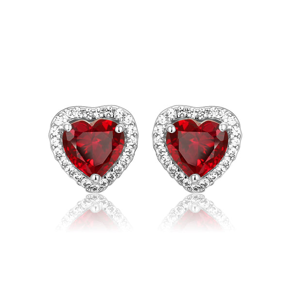 Heart Ruby Halo Sterling Silver Stud Earrings