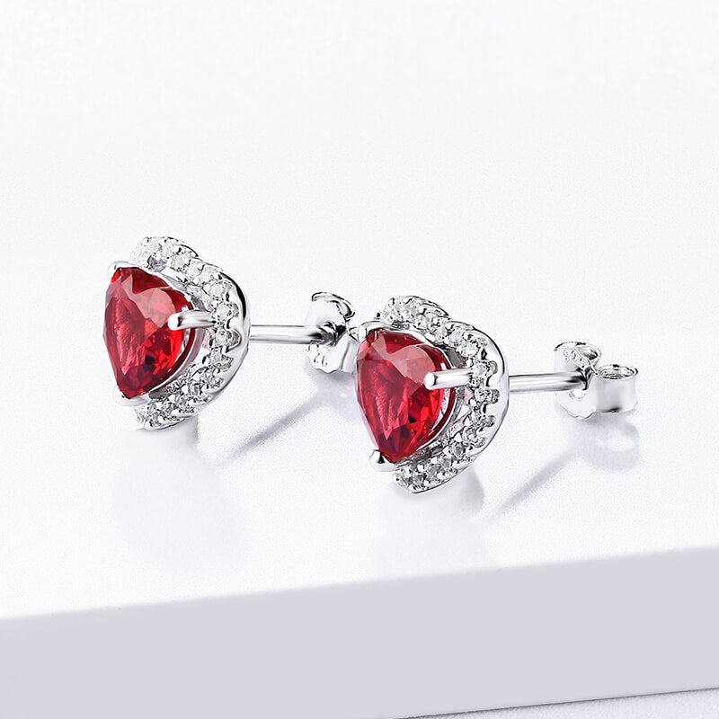 Heart Ruby Halo Sterling Silver Stud Earrings - ReadYourHeart