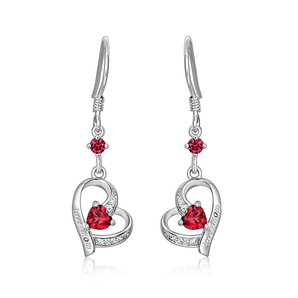 Heart Ruby Sterling Silver Drop Earrings With Love Mom - ReadYourHeart