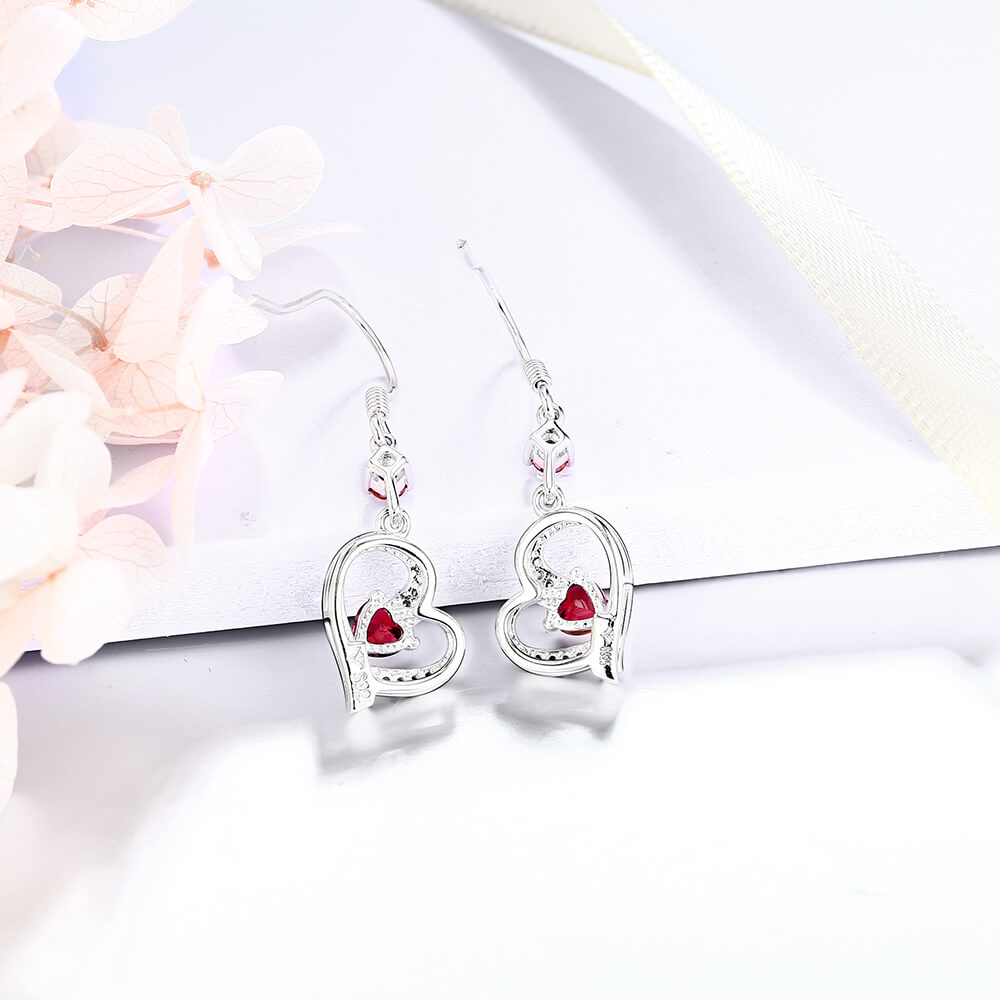 Heart Ruby Sterling Silver Drop Earrings With Love Mom - ReadYourHeart