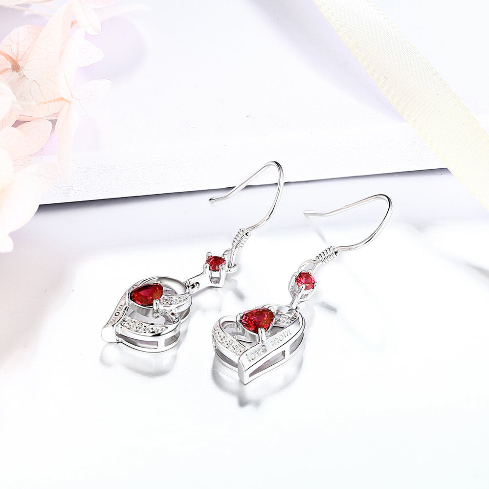 Heart Ruby Sterling Silver Drop Earrings With Love Mom - ReadYourHeart