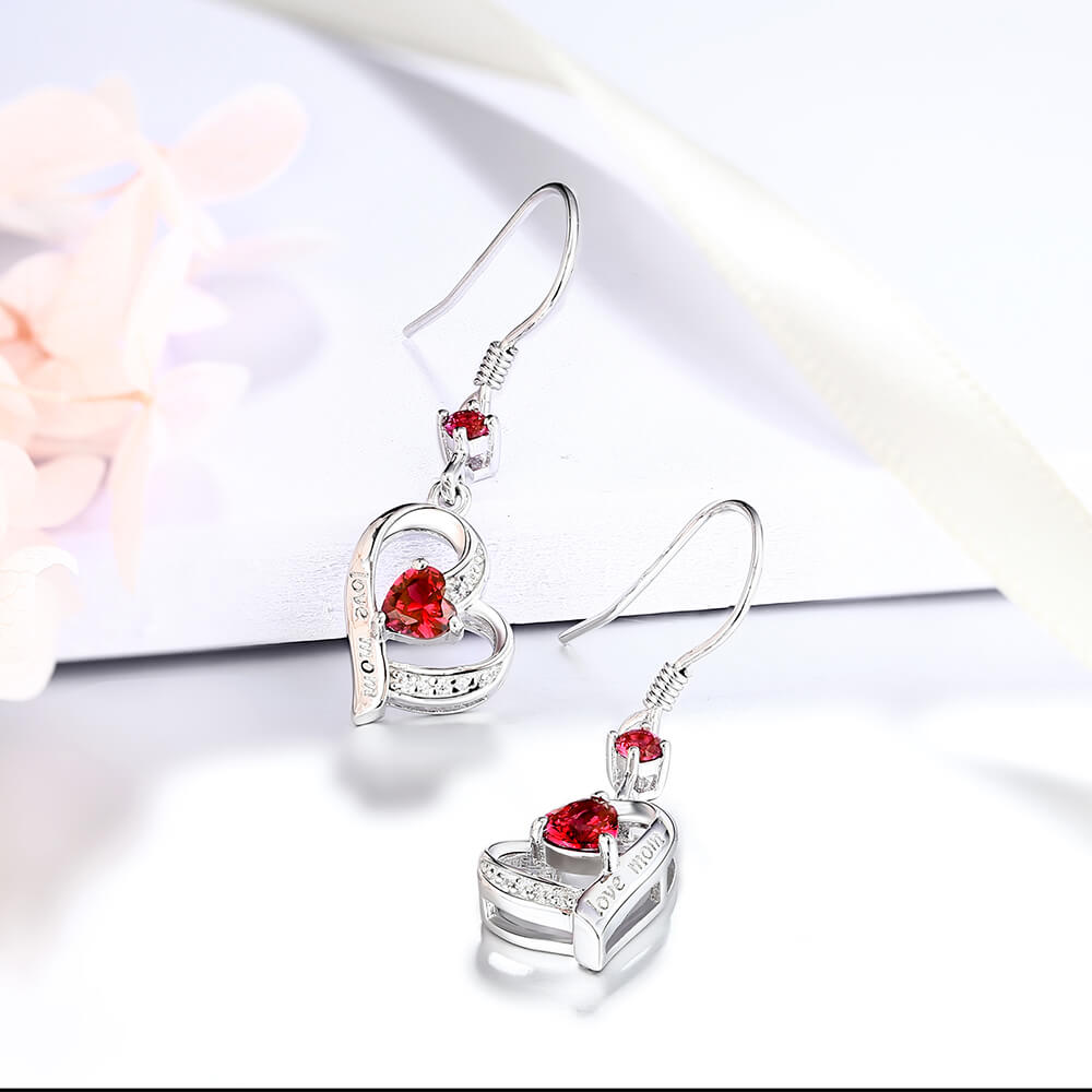 Heart Ruby Sterling Silver Drop Earrings With Love Mom - ReadYourHeart