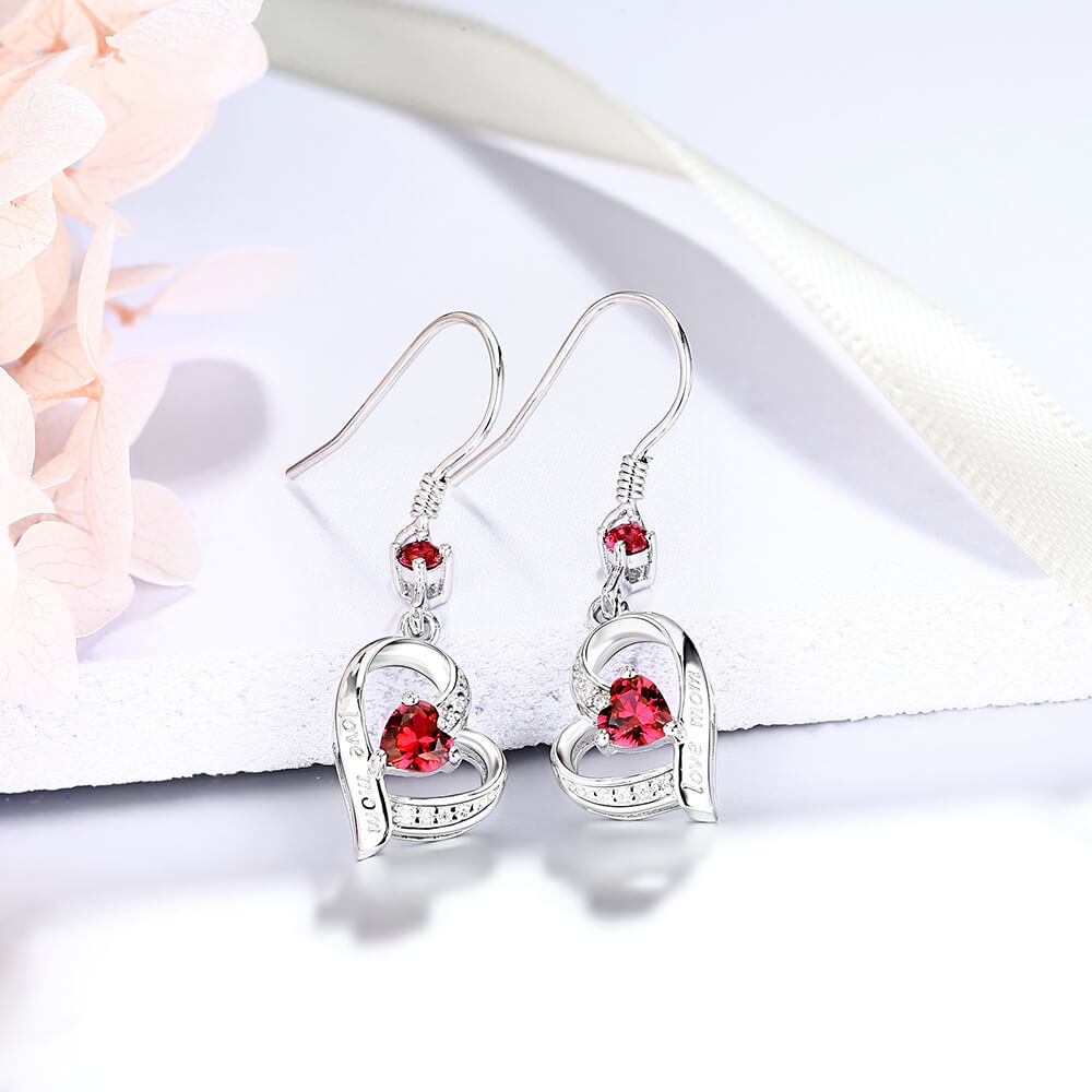 Heart Ruby Sterling Silver Drop Earrings With Love Mom - ReadYourHeart