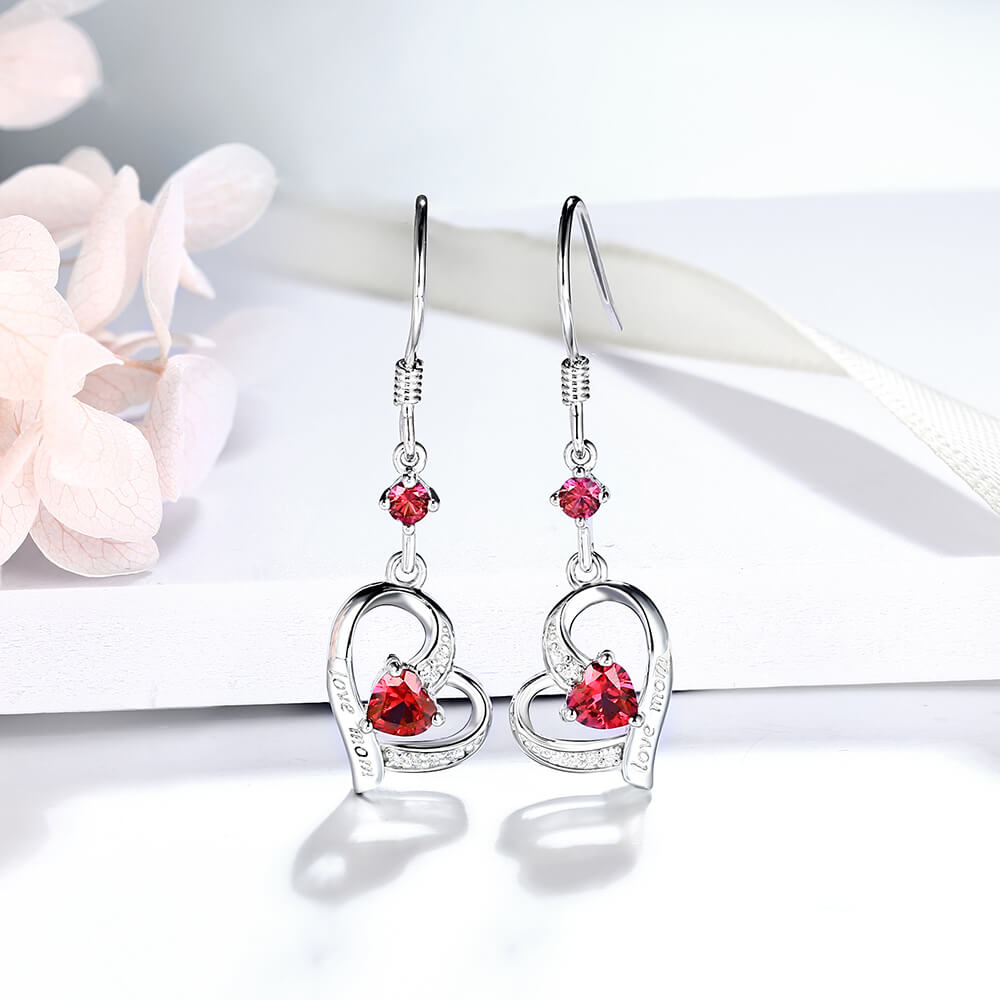 Heart Ruby Sterling Silver Drop Earrings With Love Mom - ReadYourHeart