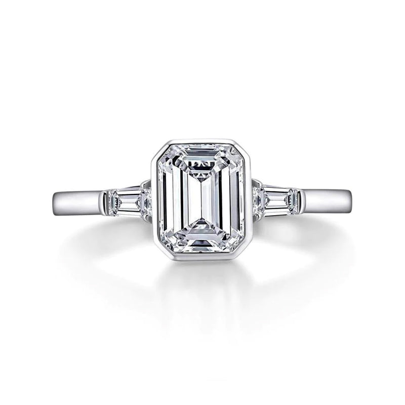 Three Stone Emerald Cut Moissanite Bezel Sterling Silver Ring - ReadYourHeart