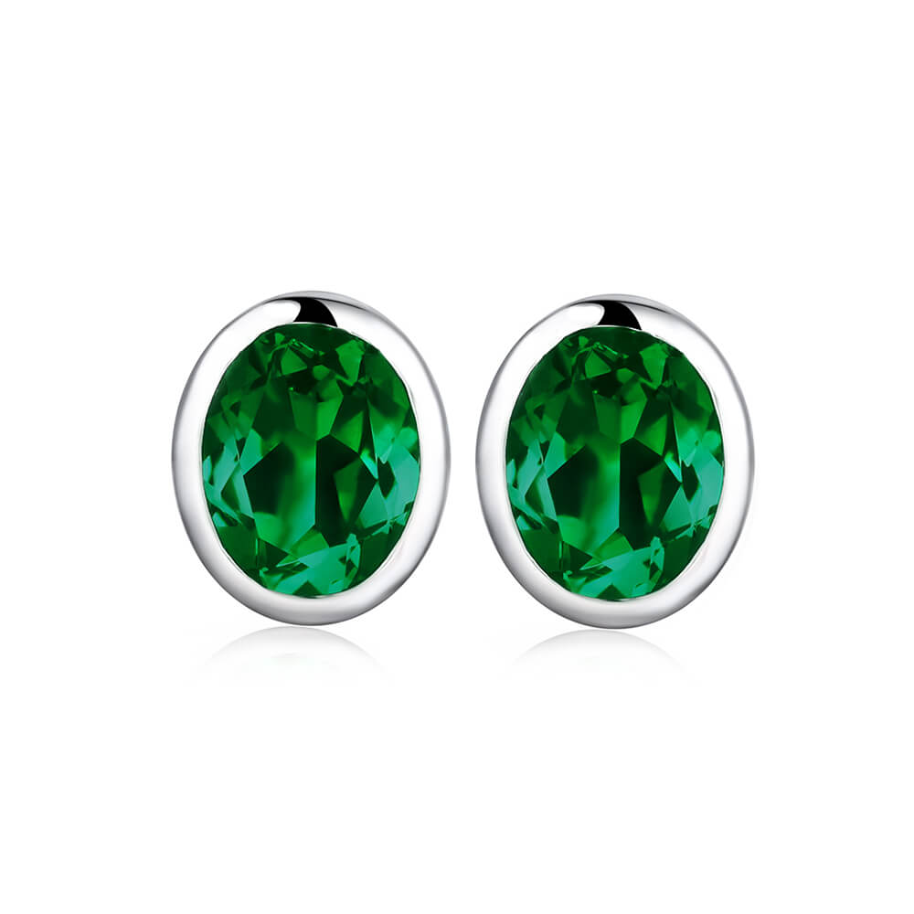 Oval Lab-Created Emerald Bezel Sterling Silver Stud Earrings - ReadYourHeart