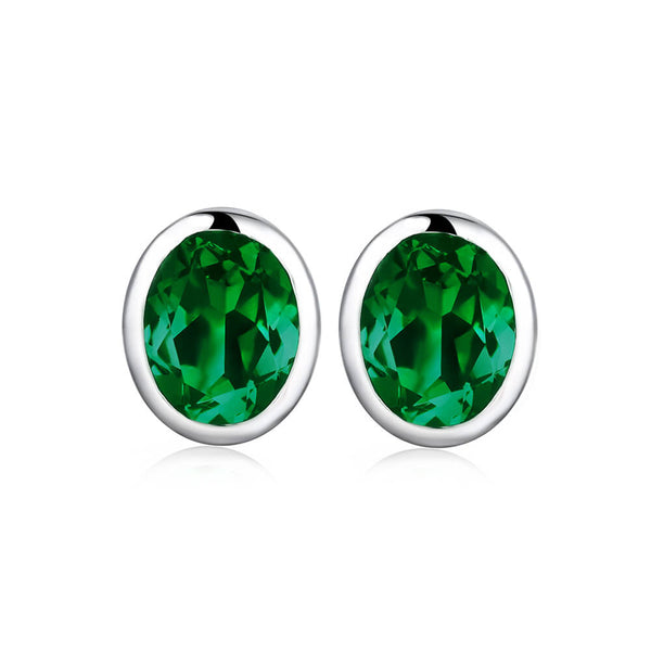 Oval Lab-Created Emerald Bezel Sterling Silver Stud Earrings