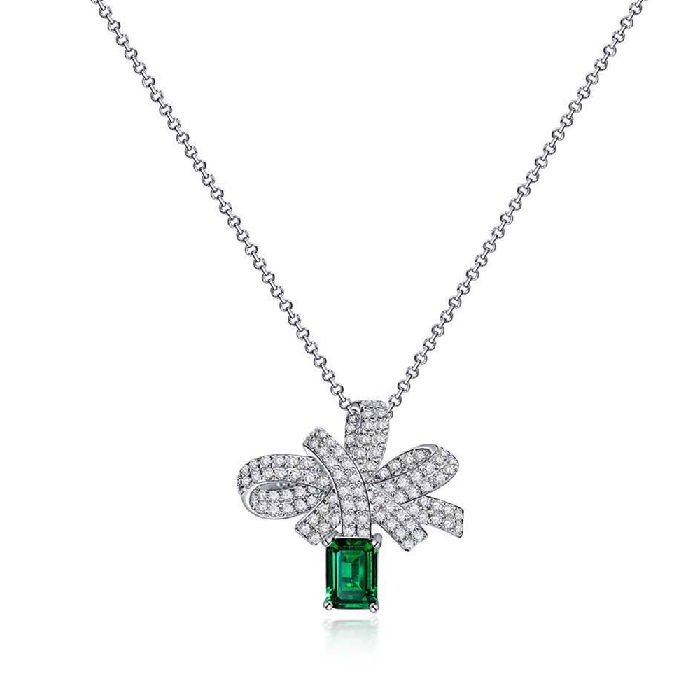 Lab Emerald Bow Sterling Silver Necklace Pendant - ReadYourHeart