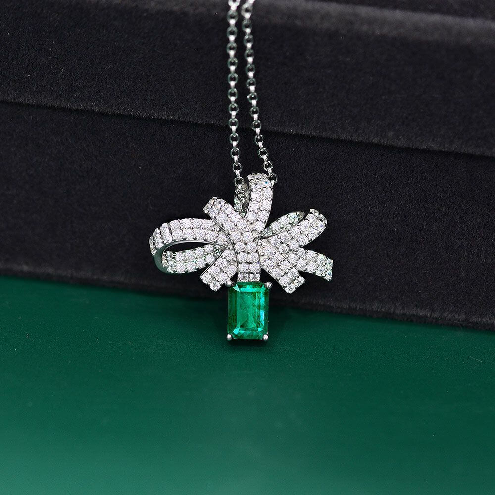 Lab Emerald Bow Sterling Silver Necklace Pendant - ReadYourHeart