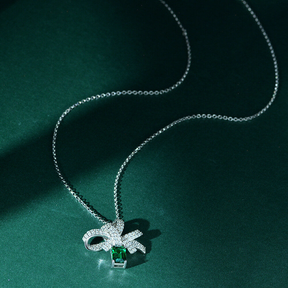 Lab Emerald Bow Sterling Silver Necklace Pendant - ReadYourHeart